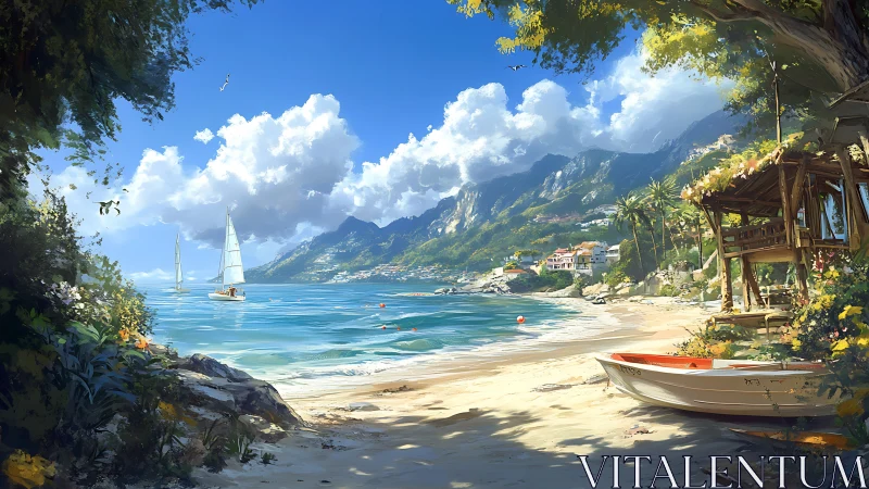 Sunny cove hideaway with sailboats and a cozy beach hut.