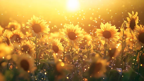 Sunflower field glowing under golden backlit sunset sky.