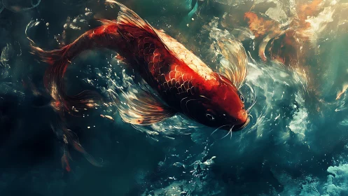 Vibrant red koi fish arcs through turbulent, light-struck water