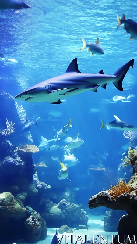 Blue cathedral of sharks gliding through coral silence.