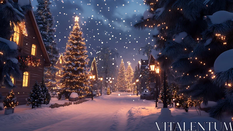 Snow-covered village street with illuminated winter trees.