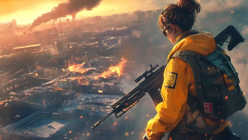 Sniper overlooking burning futuristic city at sunset.