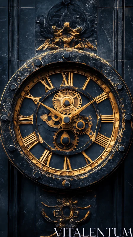Weathered ornate clock face with exposed golden gears.
