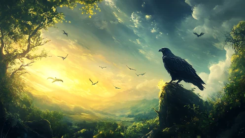 Majestic black raven on cliff at sunrise, digital fantasy art.