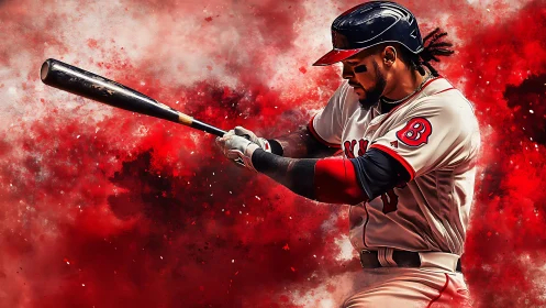 Baseball batter in mid swing against red abstract backdrop