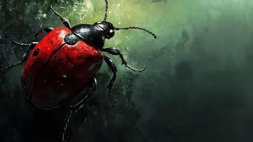 Digital painting of red ladybug on textured green ground.