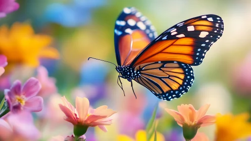 Monarch butterfly in shallow-depth floral bokeh field study.