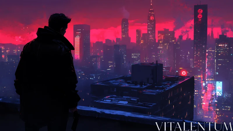 Backlit figure surveys neon-soaked cyberpunk skyline at dusk