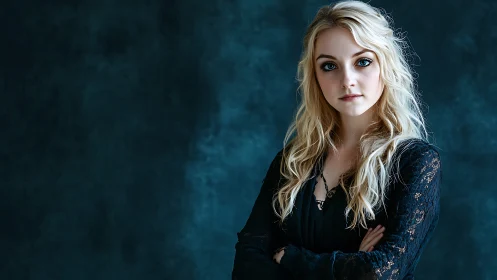 Calm confidence in a deep teal portrait studio moment.