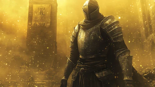 Armored knight stands in golden battlefield haze and embers