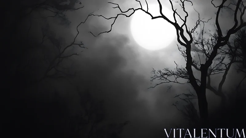 Moon carves a pale doorway through the haunted forest fog