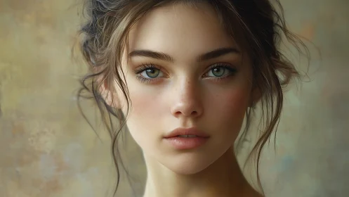 Rendered close-up portrait shows a young woman facing camera