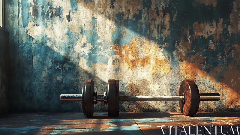 Rusty barbell rests under warm window light in empty gym