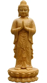 Standing Buddha statue in prayer pose on lotus pedestal.