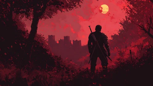 Lone swordsman confronts a distant castle under blood moon