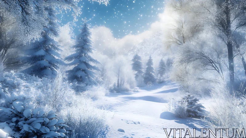 Snow covered conifer forest with distant mountain view.