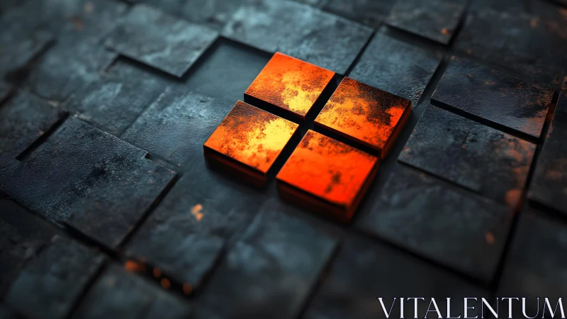 Glowing Orange Abstract Tiles on Dark Metallic Surface, 3D Art.