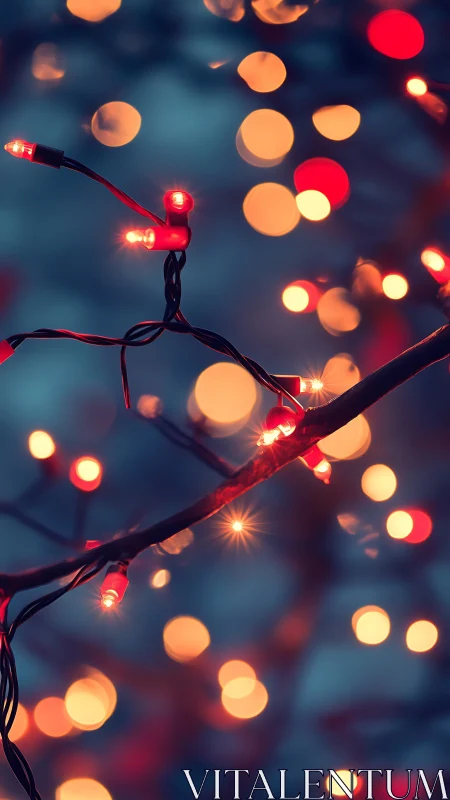 Winter dusk branch wrapped in ember-bright fairy lights.