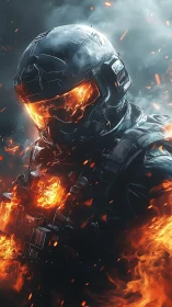 Armored sci fi soldier strides through searing battlefield flames