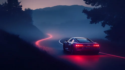 Neon trail coupe chasing dawn along a mist-soaked mountain road.