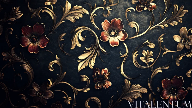 Gilded midnight florals swirling across dark velvet night.