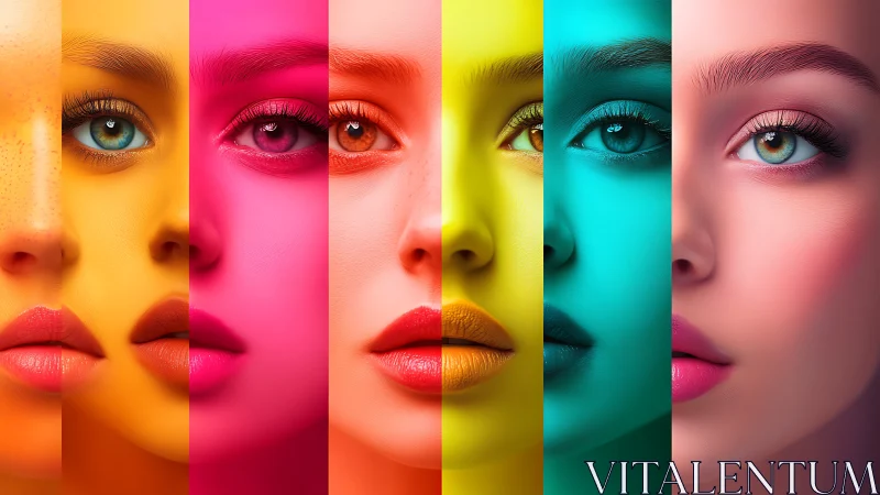 Chromatic female portraits in vertical spectrum panels.