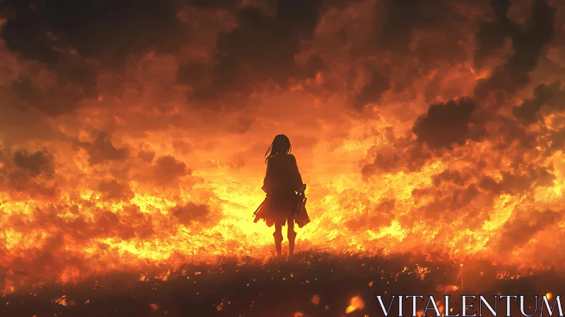 Silhouetted girl confronting blazing horizon sky at dusk.