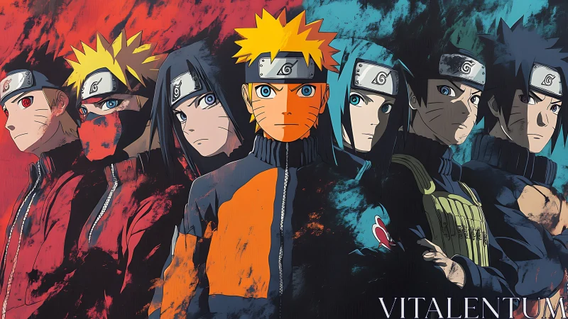 Naruto-inspired ninja lineup splits between red and blue realms.