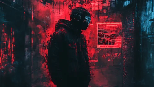 Hooded figure with visor stands in neon red alleyway