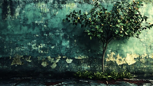 Lemon tree grows against weathered turquoise plaster wall