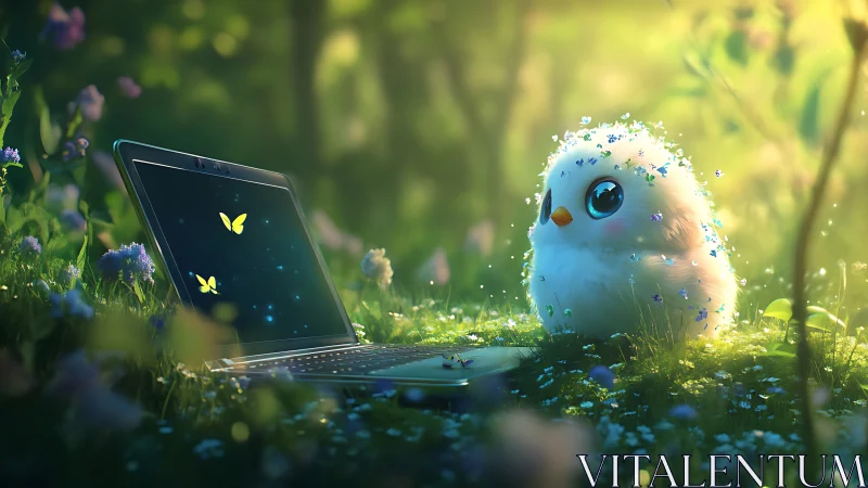 Tiny digital owl beside glowing laptop in spring meadow.