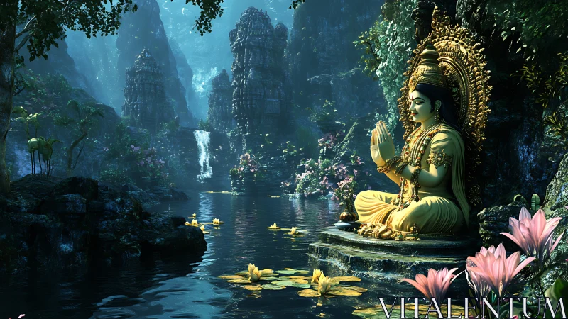 Golden goddess statue rests in a luminous jungle sanctuary.