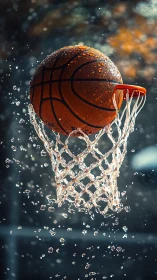 Wet basketball swishes through hoop in dramatic freeze-frame.