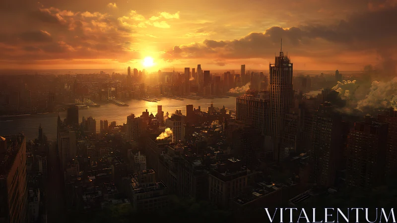 Golden sunset bathes a bustling riverside city in calm light