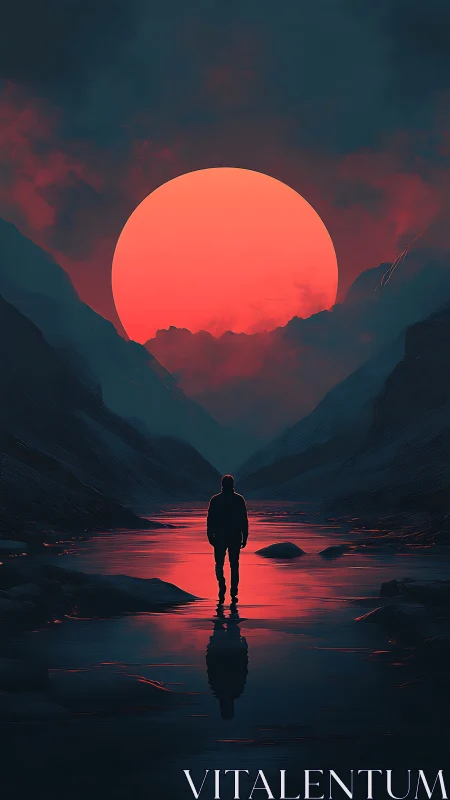 Lone wanderer bathed in the glow of a surreal red moon.