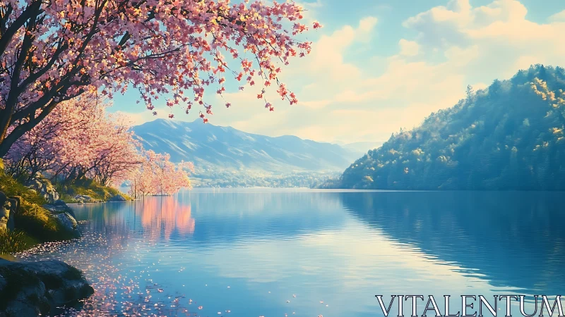 Cherry blossom shoreline reflects across tranquil mountain lake