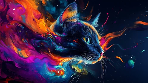 Neon Cat in Cosmic Void with Liquid Energy Flow.