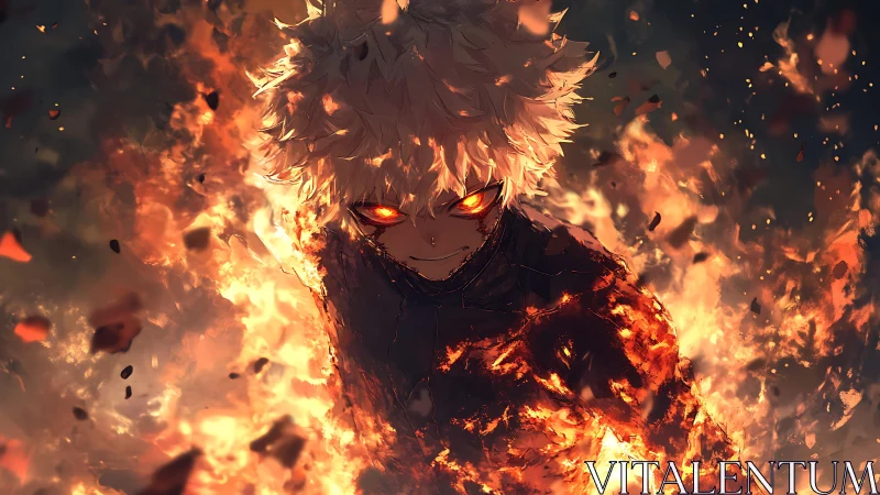 Fiery anime hero rising with blazing power and resolve.