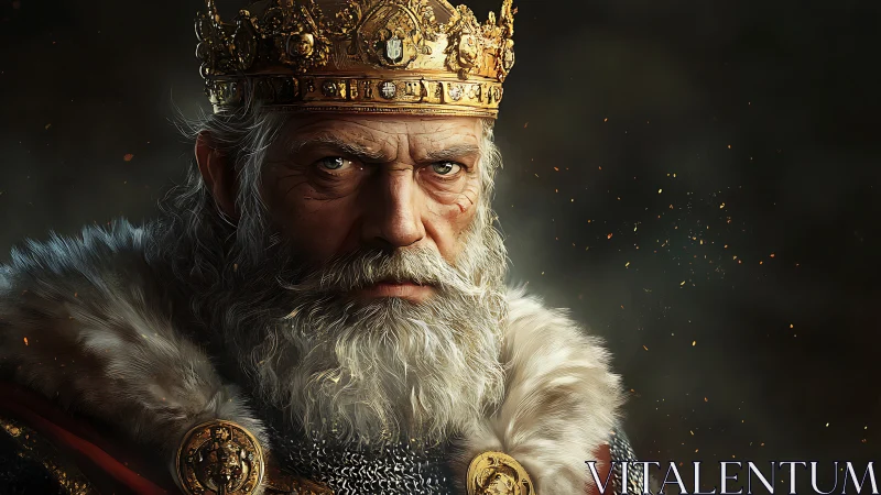 Regal bearded monarch in ornate crown under embered gloom.