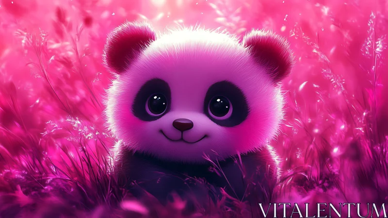 Bright eyed baby panda glows in a dreamy pink meadow
