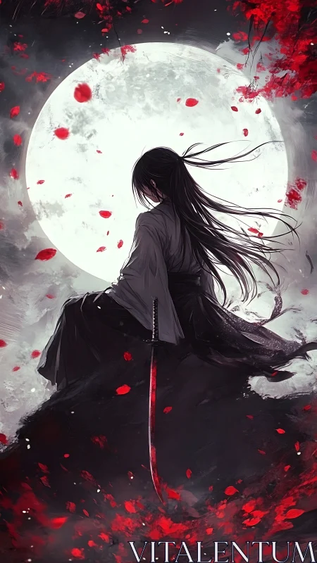 Samurai figure sits before full moon amid falling petals