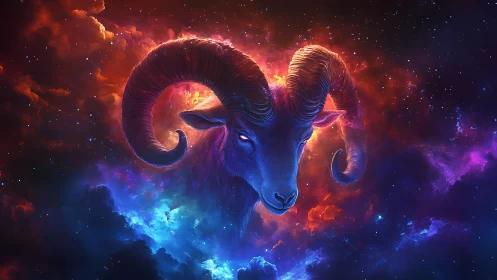 Celestial ram spirit glows softly within swirling cosmic clouds