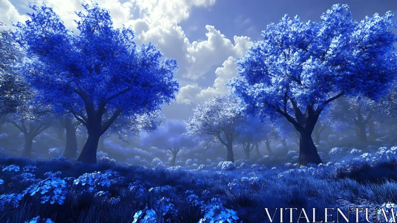 Luminescent blue forest renders atmospheric depth in mist