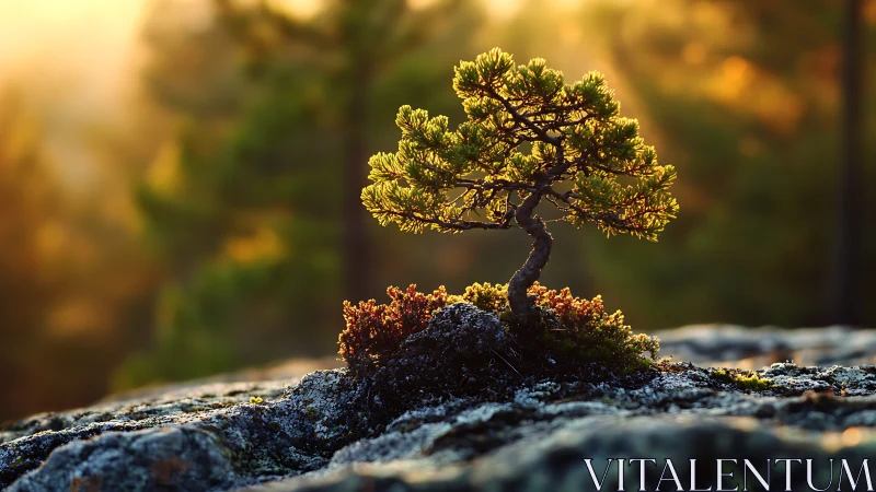 Tiny pine tree glows in golden forest sunrise on rocky ridge
