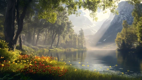 Radiant alpine lake with volumetric light and floral foreground.