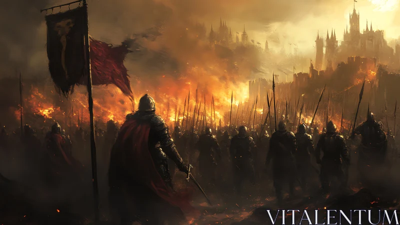 Armored medieval army storms burning fortress under fire.