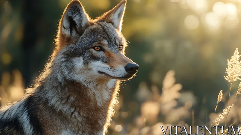 Wild canid in soft backlight within natural habitat.