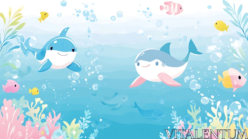Playful baby sharks glide through a bright coral playground