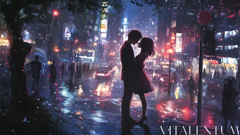 Lovers embrace in a neon city street under gentle rain