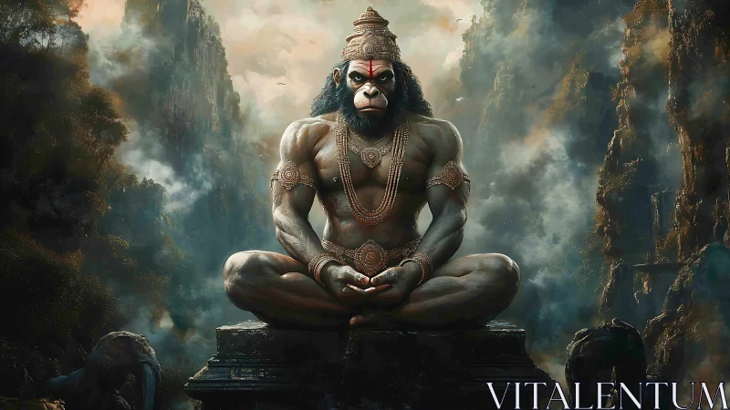Mythic humanoid ape deity sits cross-legged amid rocky cliffs